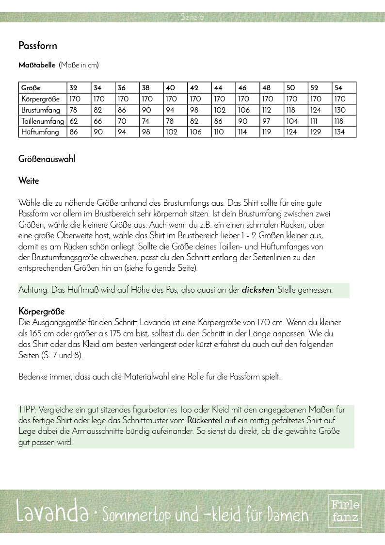 Maßtabelle Lavanda