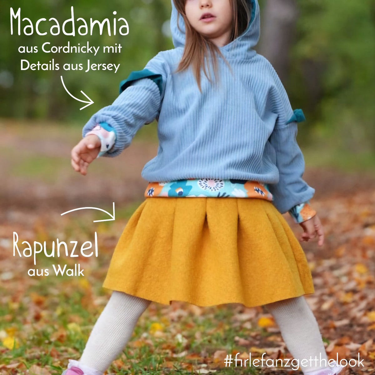 Herbstoutfit mit hellblauem Macadamia-Hoodie aus Cordnicky und senfgelbem Rapunzel-Faltenrock aus Wollwalk, mit Beschriftungen