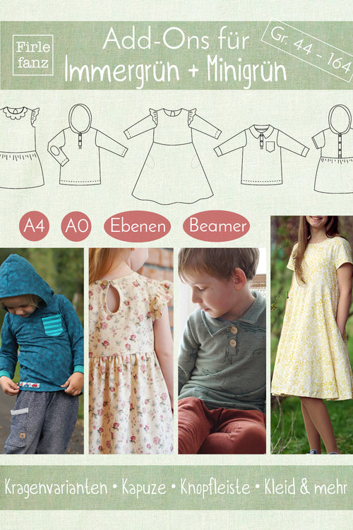 Ebook Add-Ons für Immergrün und Minigrün Gr. 44–164 – Kragenvarianten, Kapuze, Knopfleiste, Kleid