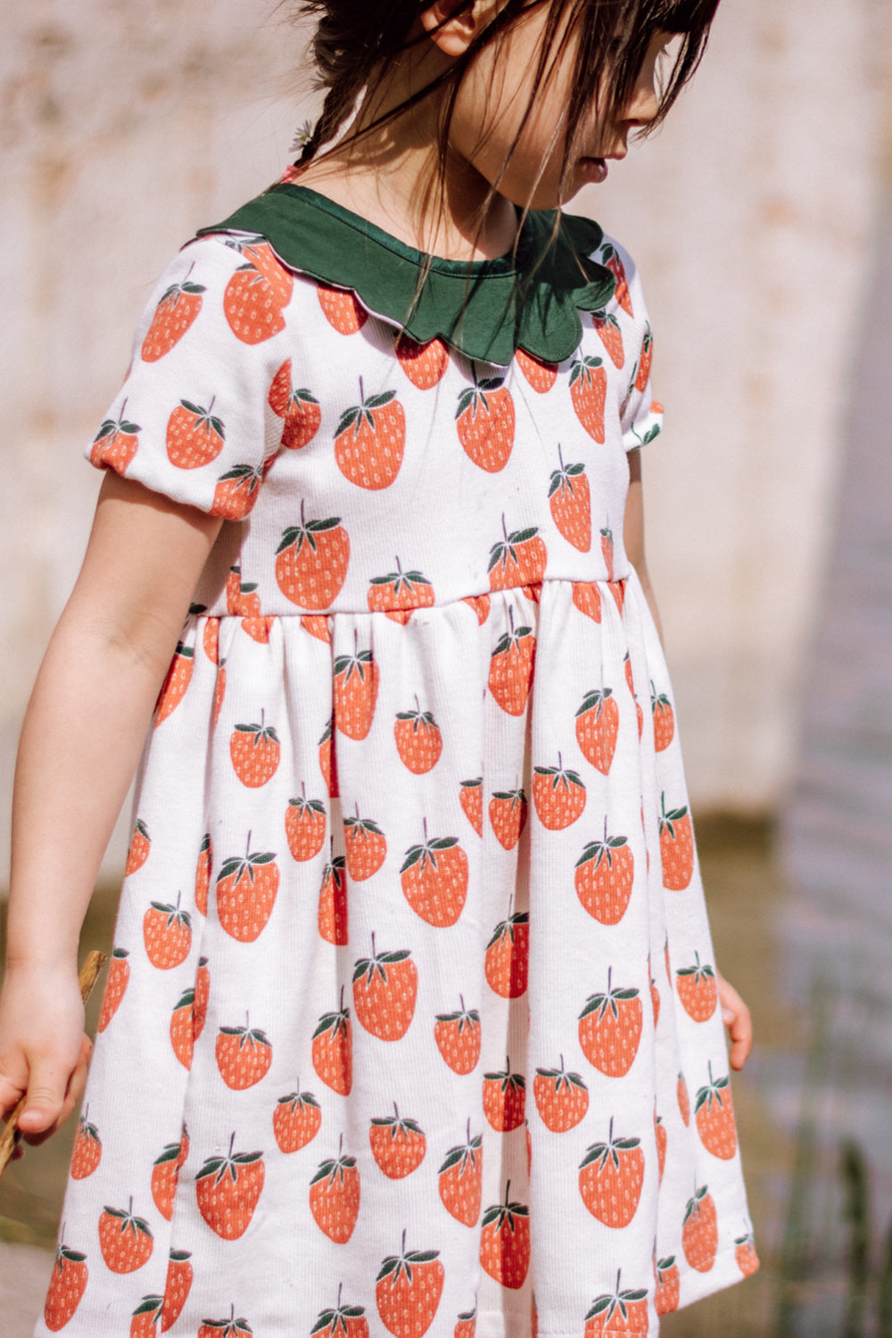 Immergrün Kleid mit Erdbeeren und grünem Bubikragen