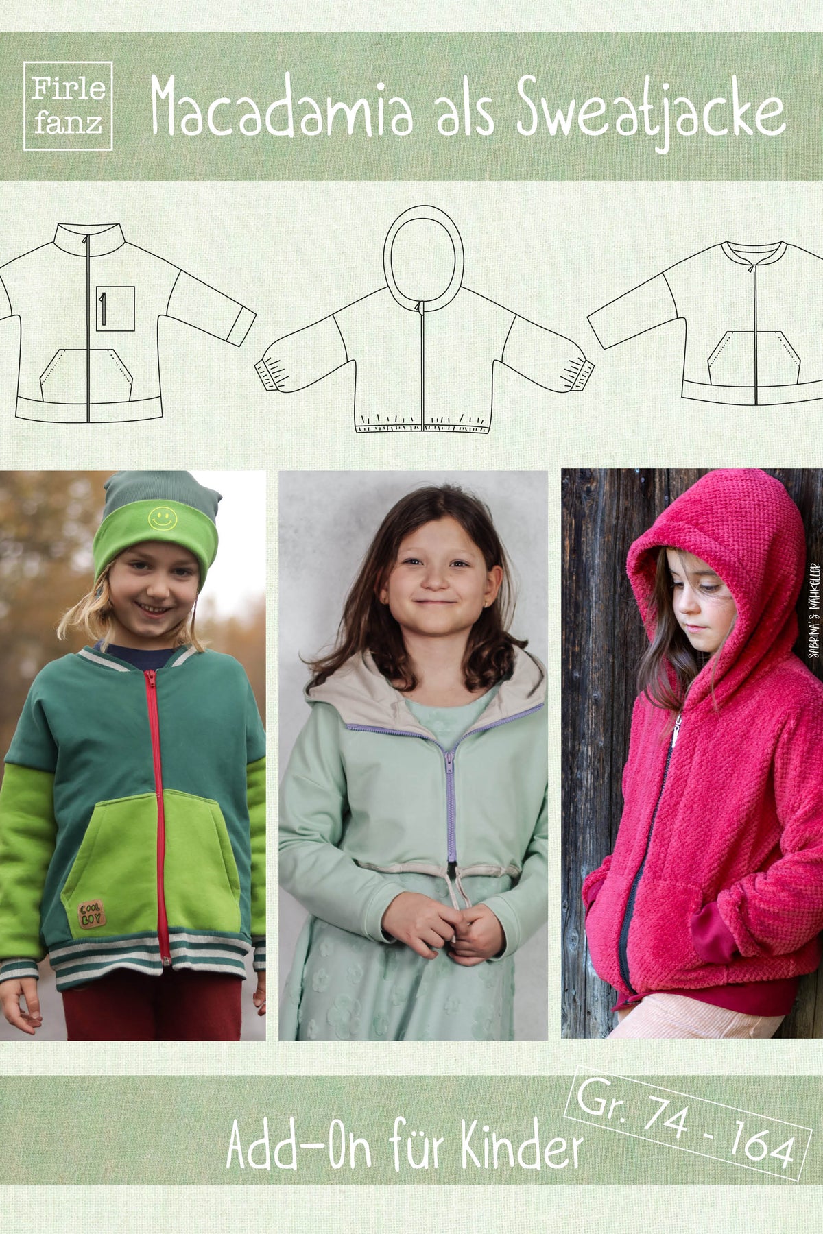 Jacken-Add-On für Macadamia Kinder, Gr. 74–164: Titelcollage mit Jackenzeichnungen und drei Nähbeispielen