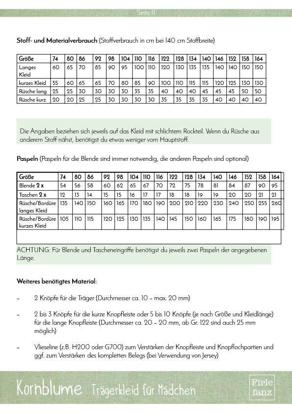 Schnittmuster Kornblume Maße und Stoffverbrauch