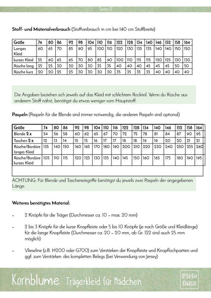 Schnittmuster Kornblume Maße und Stoffverbrauch