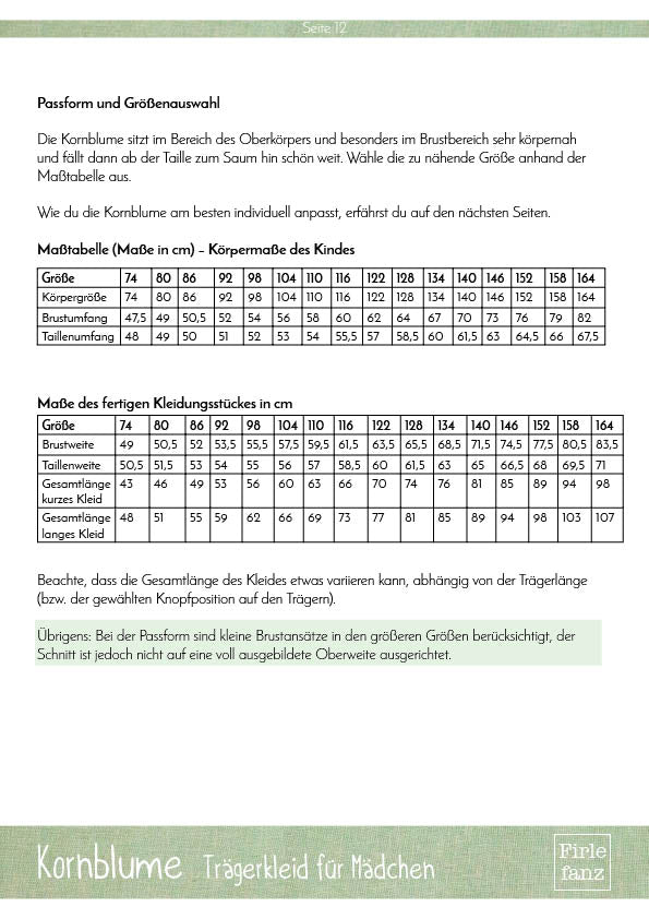 Firlefanz Kornblume Maßtabelle und Stoffverbrauch