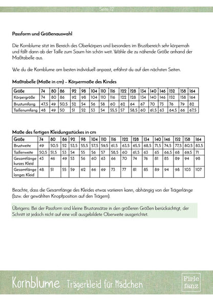 Firlefanz Kornblume Maßtabelle und Stoffverbrauch