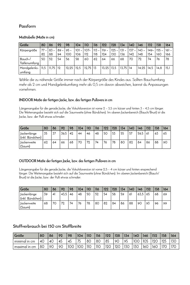 Maßtabelle Pinio Kinderjacke