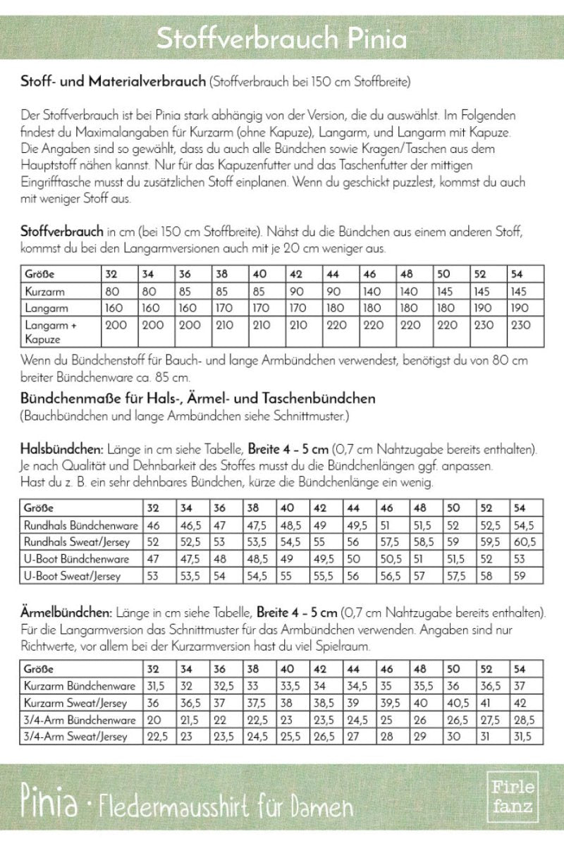 Pinia Stoffverbrauch und Maßtabelle