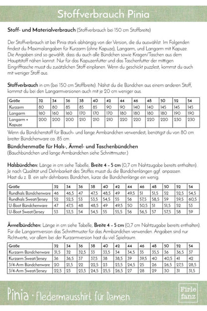 Pinia Stoffverbrauch und Maßtabelle