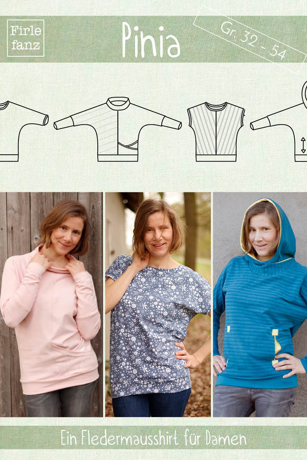 Pinia Schnittmuster Fledermausshirt für Damen Gr. 32–54 – Ebook mit Kapuzenpulli-Variante