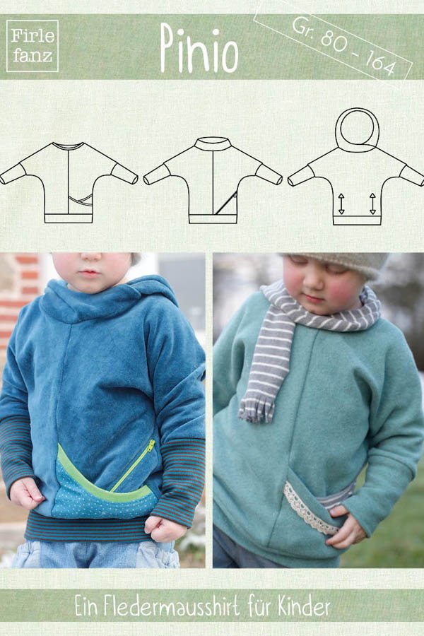 Pinio Schnittmuster Fledermausshirt für Kinder Gr. 80–164 – Ebook mit Kapuzenpulli-Variante